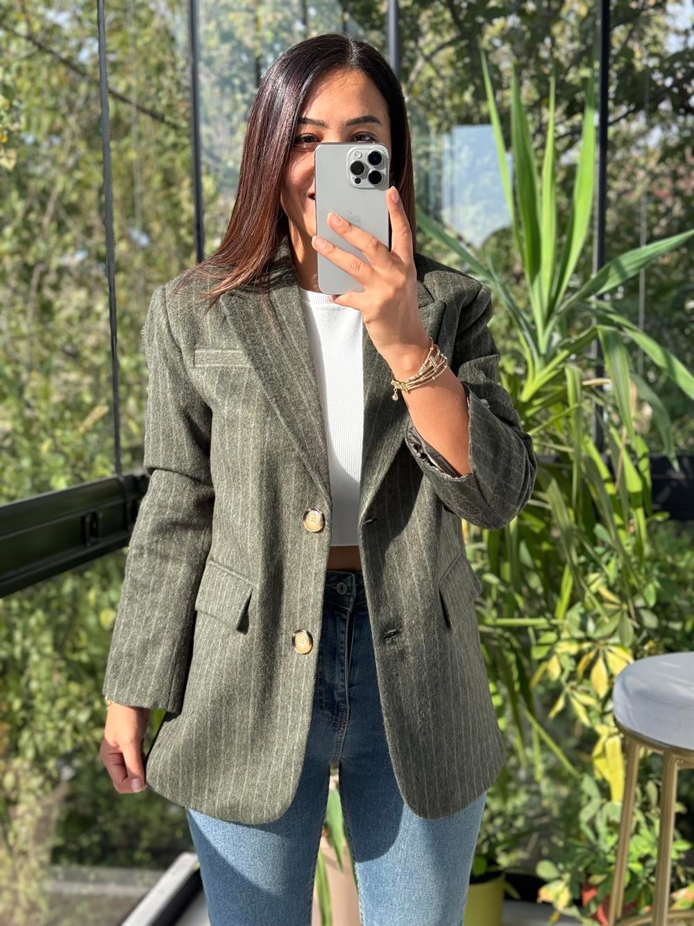 Retro Çizgili Kaşe Ceket Haki Yeşili