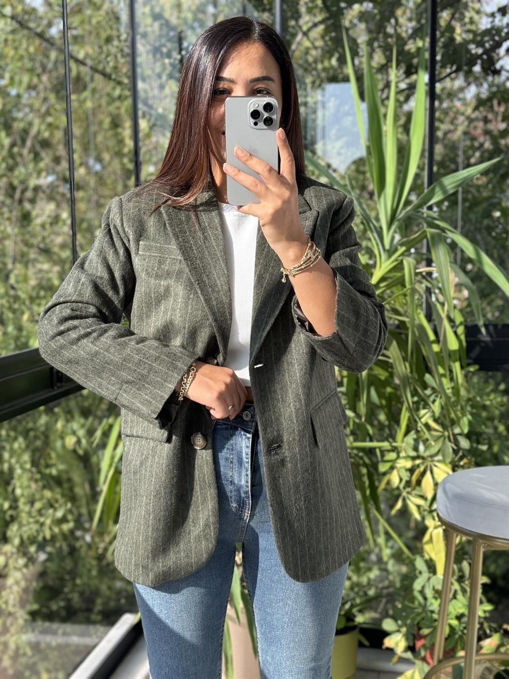 Retro Çizgili Kaşe Ceket Haki Yeşili