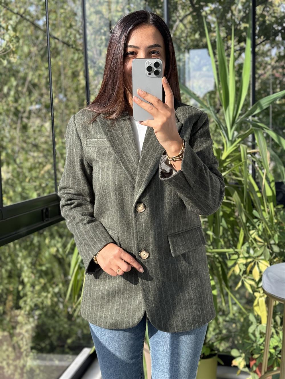 Retro Çizgili Kaşe Ceket Haki Yeşili