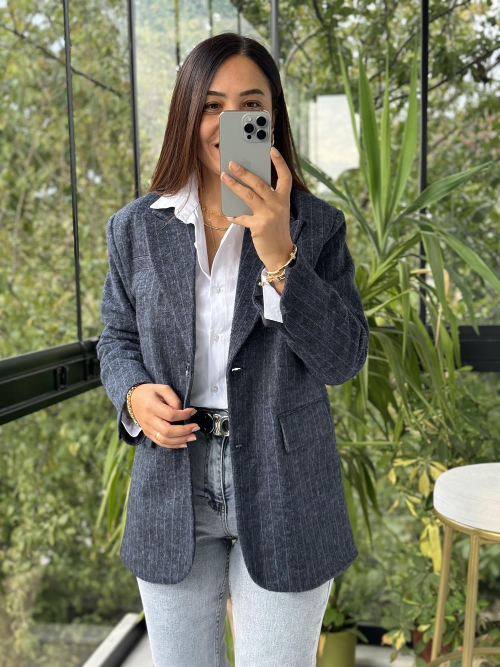 Retro Çizgili Kaşe Ceket Lacivert