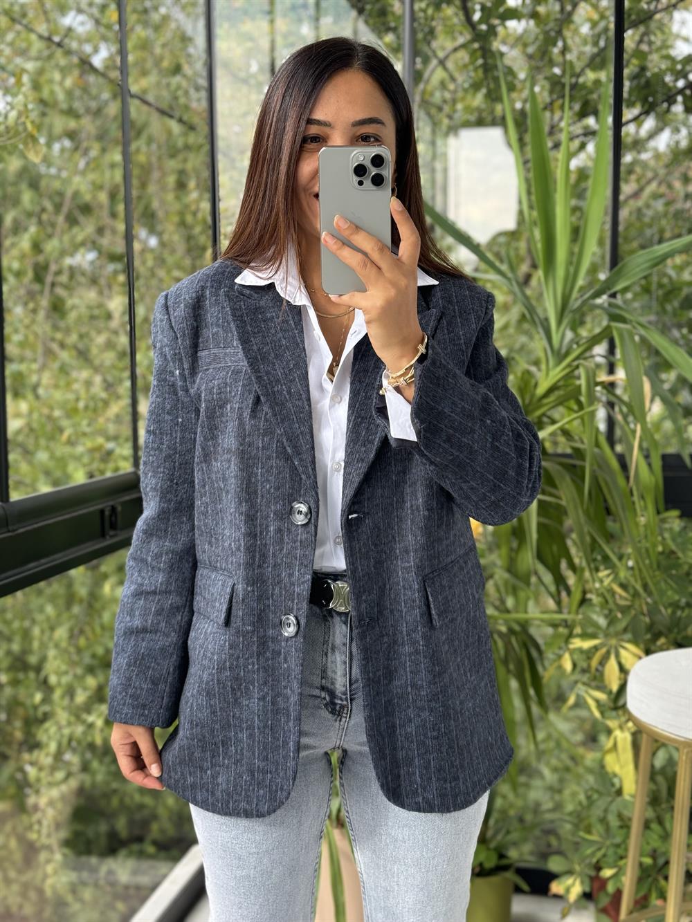 Retro Çizgili Kaşe Ceket Lacivert