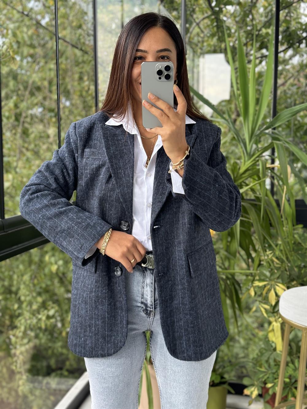 Retro Çizgili Kaşe Ceket Lacivert