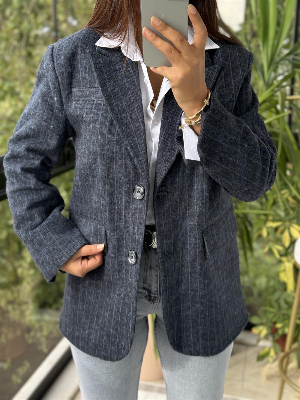 Retro Çizgili Kaşe Ceket Lacivert