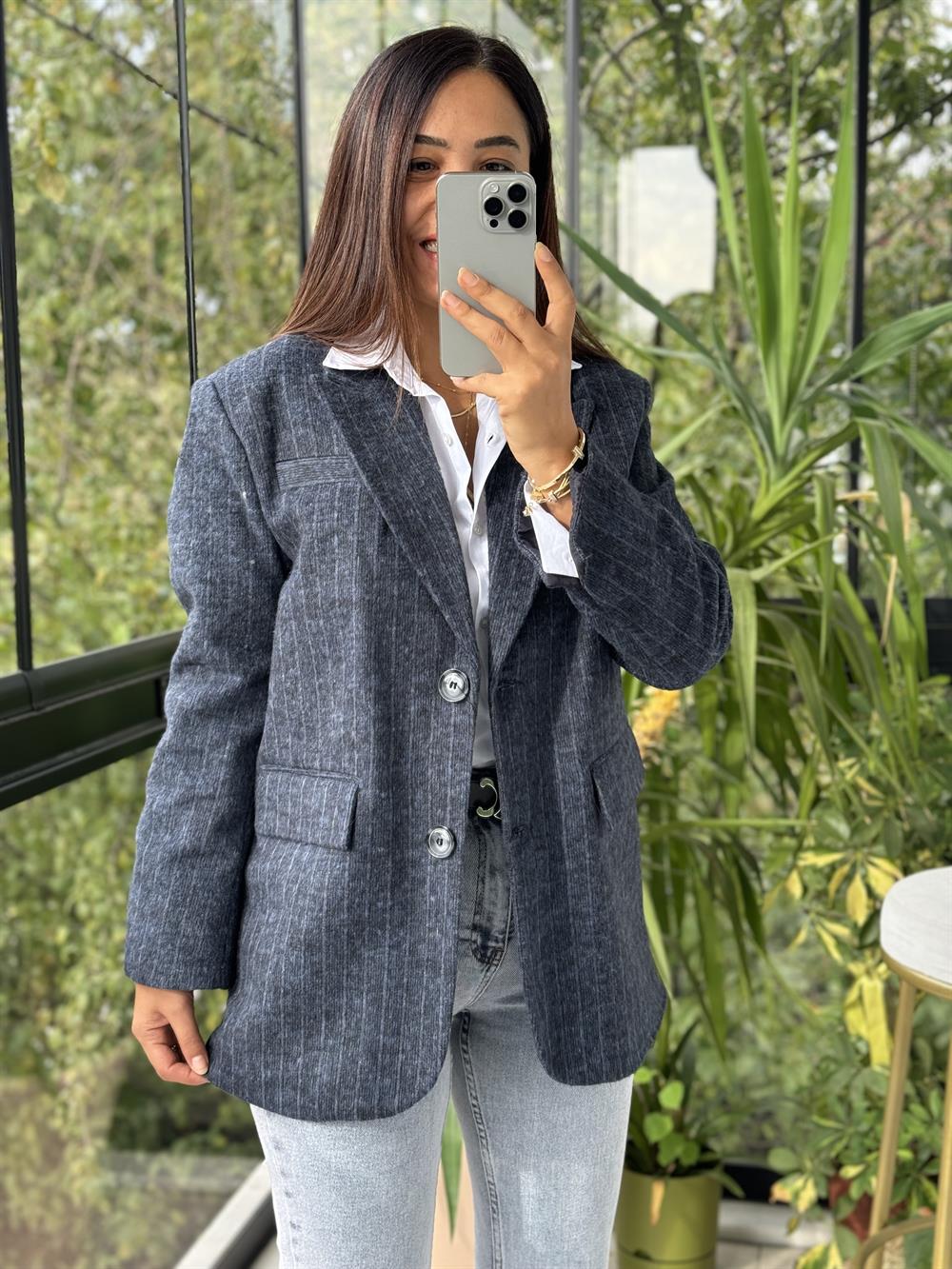 Retro Çizgili Kaşe Ceket Lacivert