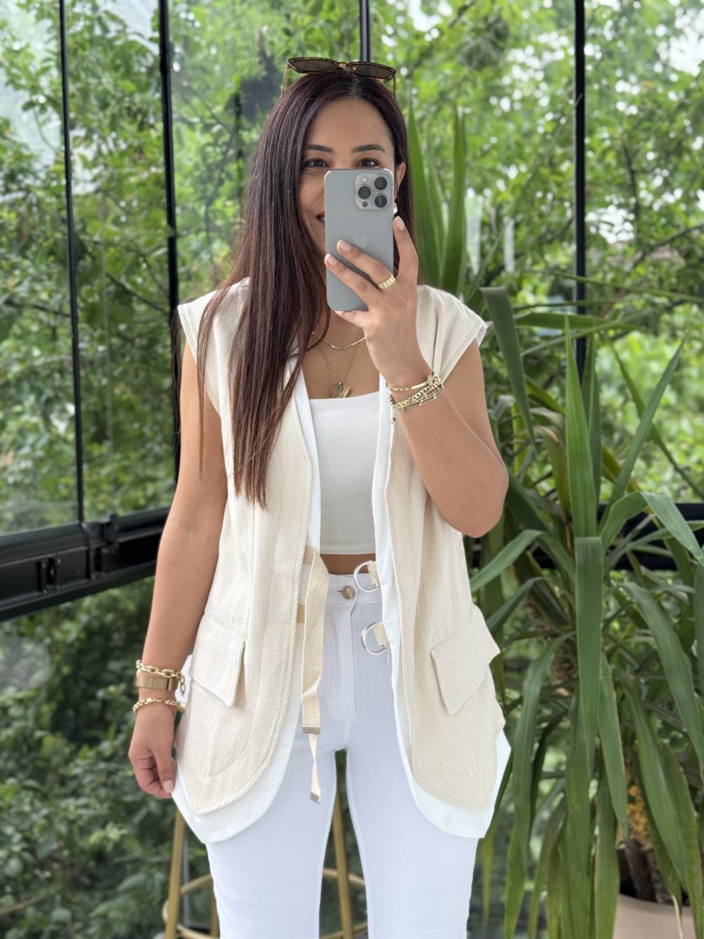 Rozafin Garnili Yelek Krem