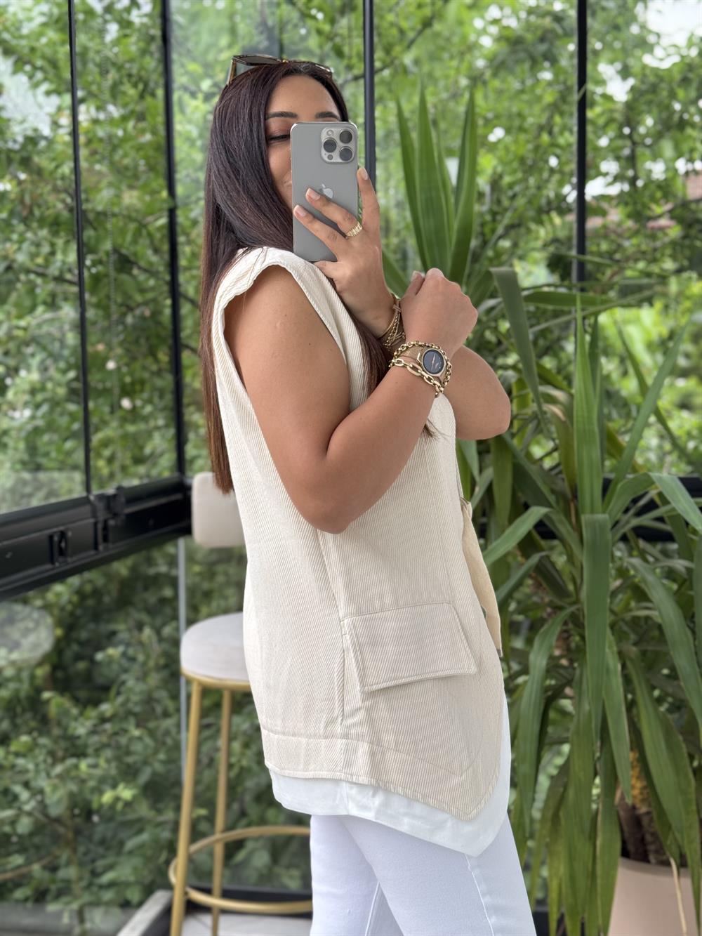 Rozafin Garnili Yelek Krem