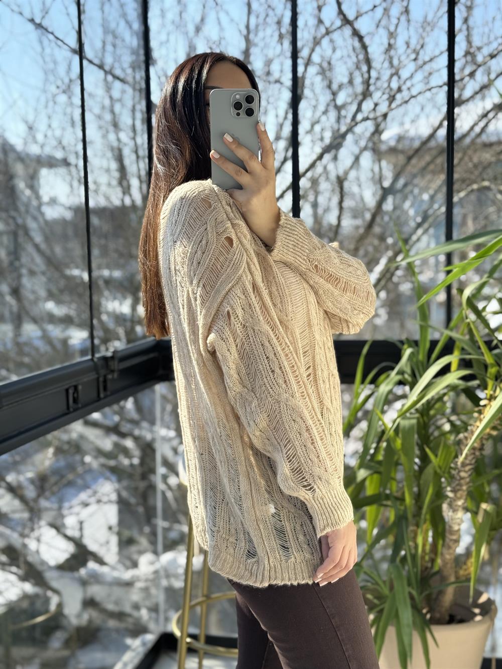 Saç Örgülü Ajurlu Kazak Bej