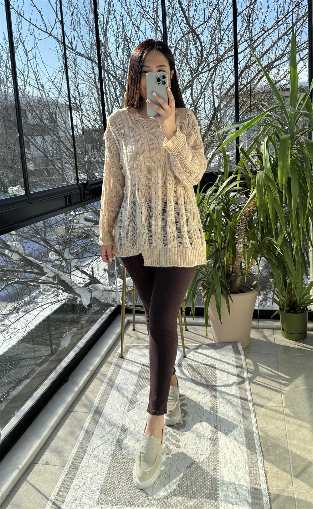 Saç Örgülü Ajurlu Kazak Bej