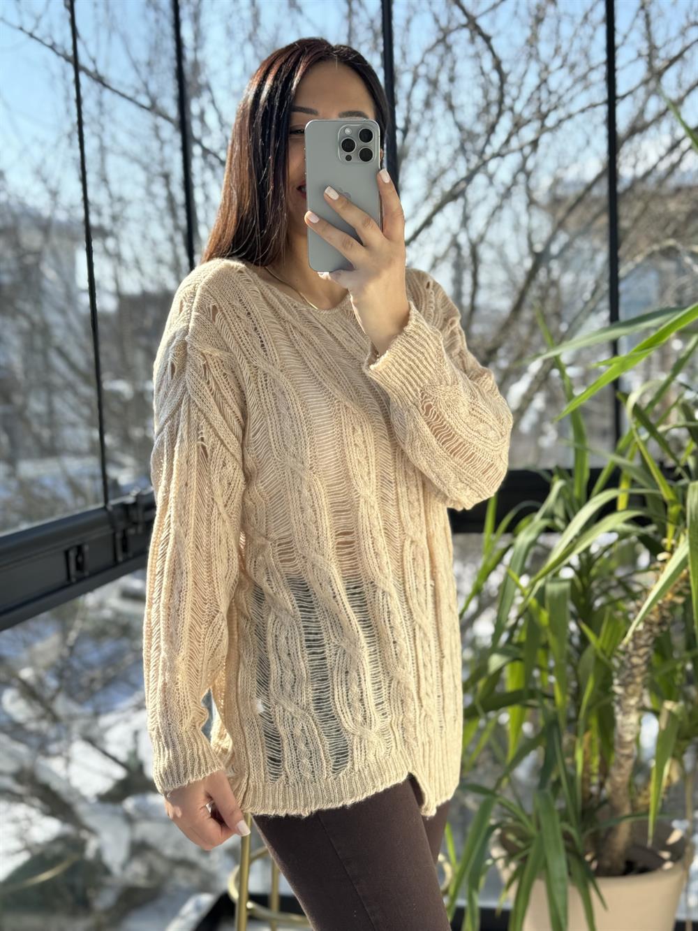 Saç Örgülü Ajurlu Kazak Bej