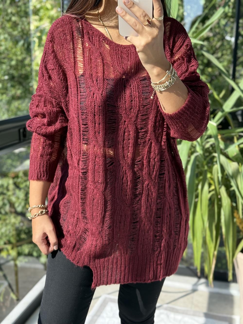 Saç Örgülü Ajurlu Kazak Bordo