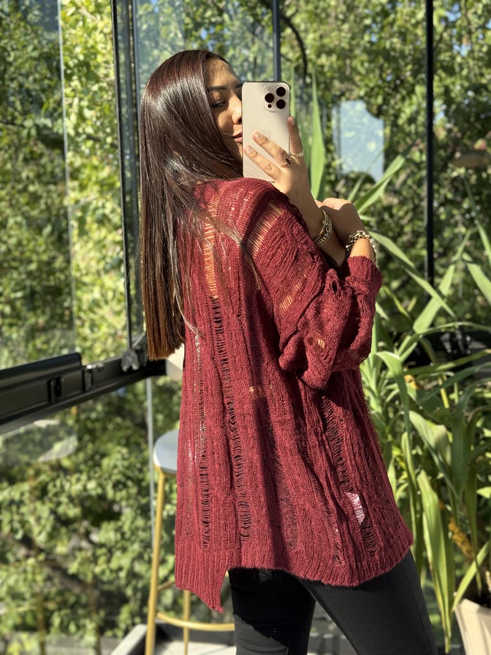 Saç Örgülü Ajurlu Kazak Bordo