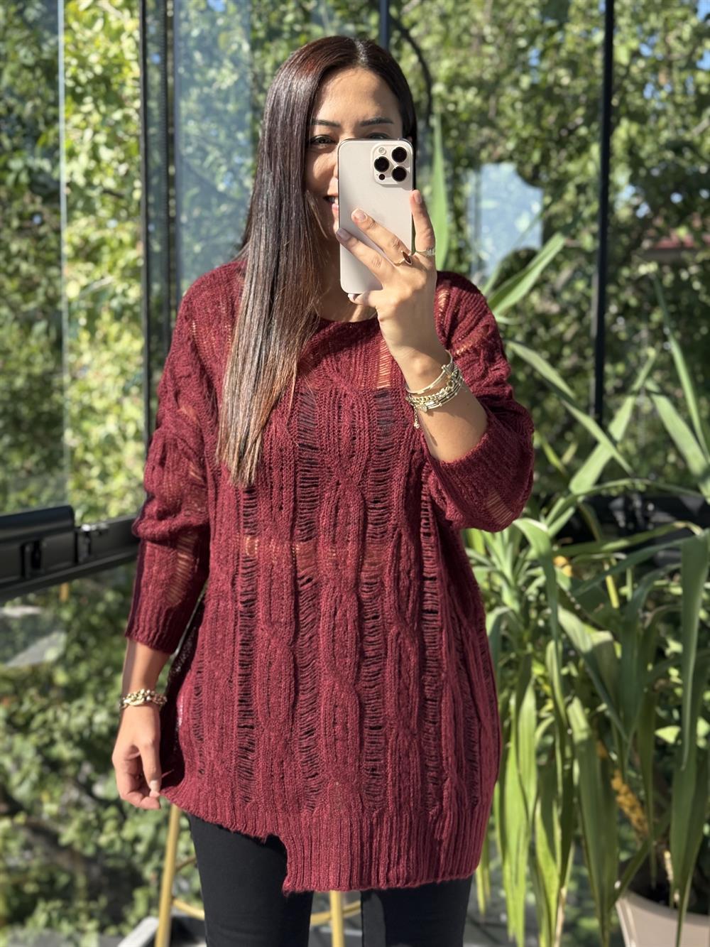 Saç Örgülü Ajurlu Kazak Bordo