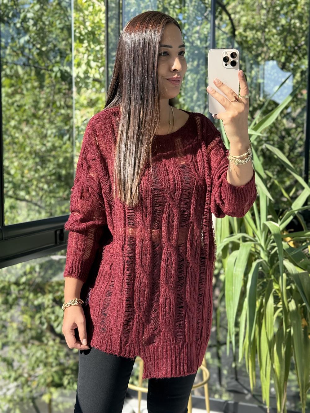 Saç Örgülü Ajurlu Kazak Bordo