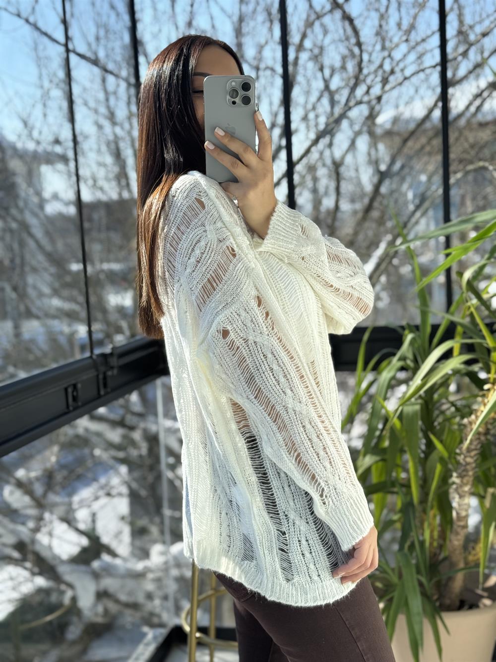 Saç Örgülü Ajurlu Kazak Ekru