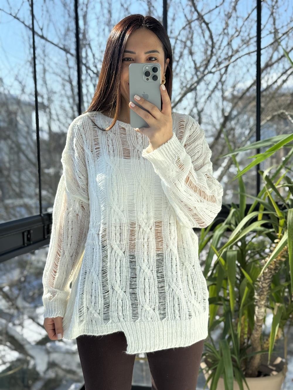 Saç Örgülü Ajurlu Kazak Ekru