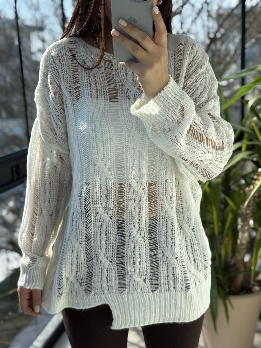 Saç Örgülü Ajurlu Kazak Ekru