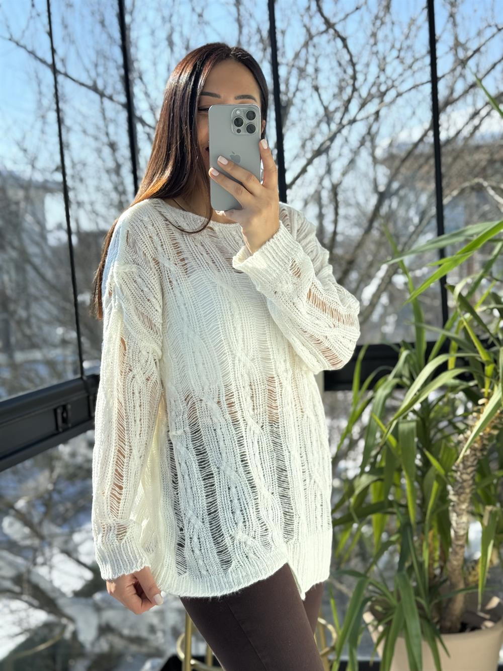 Saç Örgülü Ajurlu Kazak Ekru