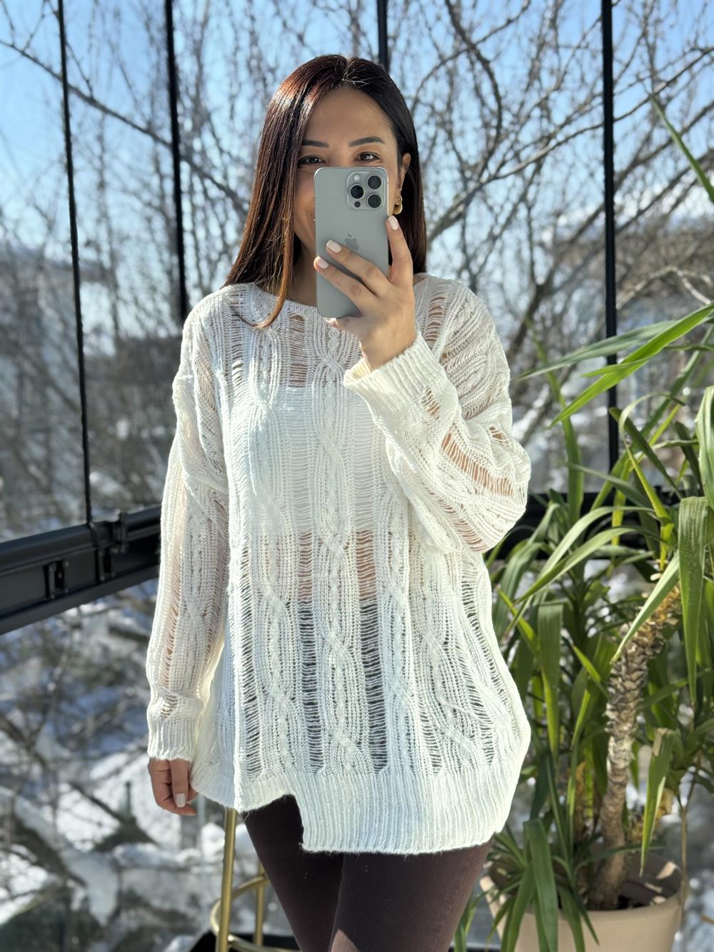 Saç Örgülü Ajurlu Kazak Ekru