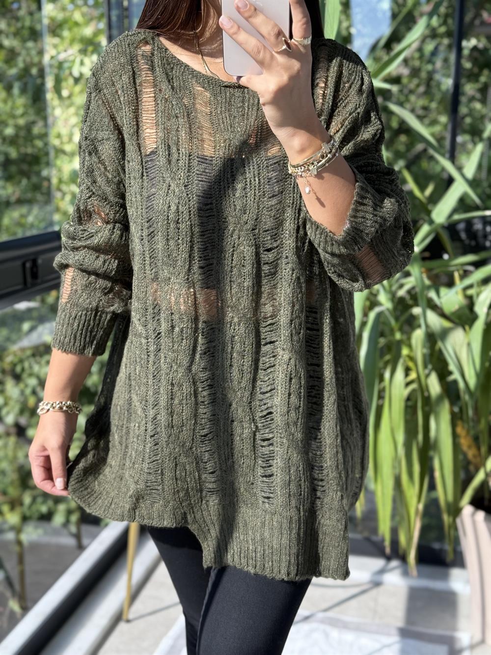 Saç Örgülü Ajurlu Kazak haki Yeşili