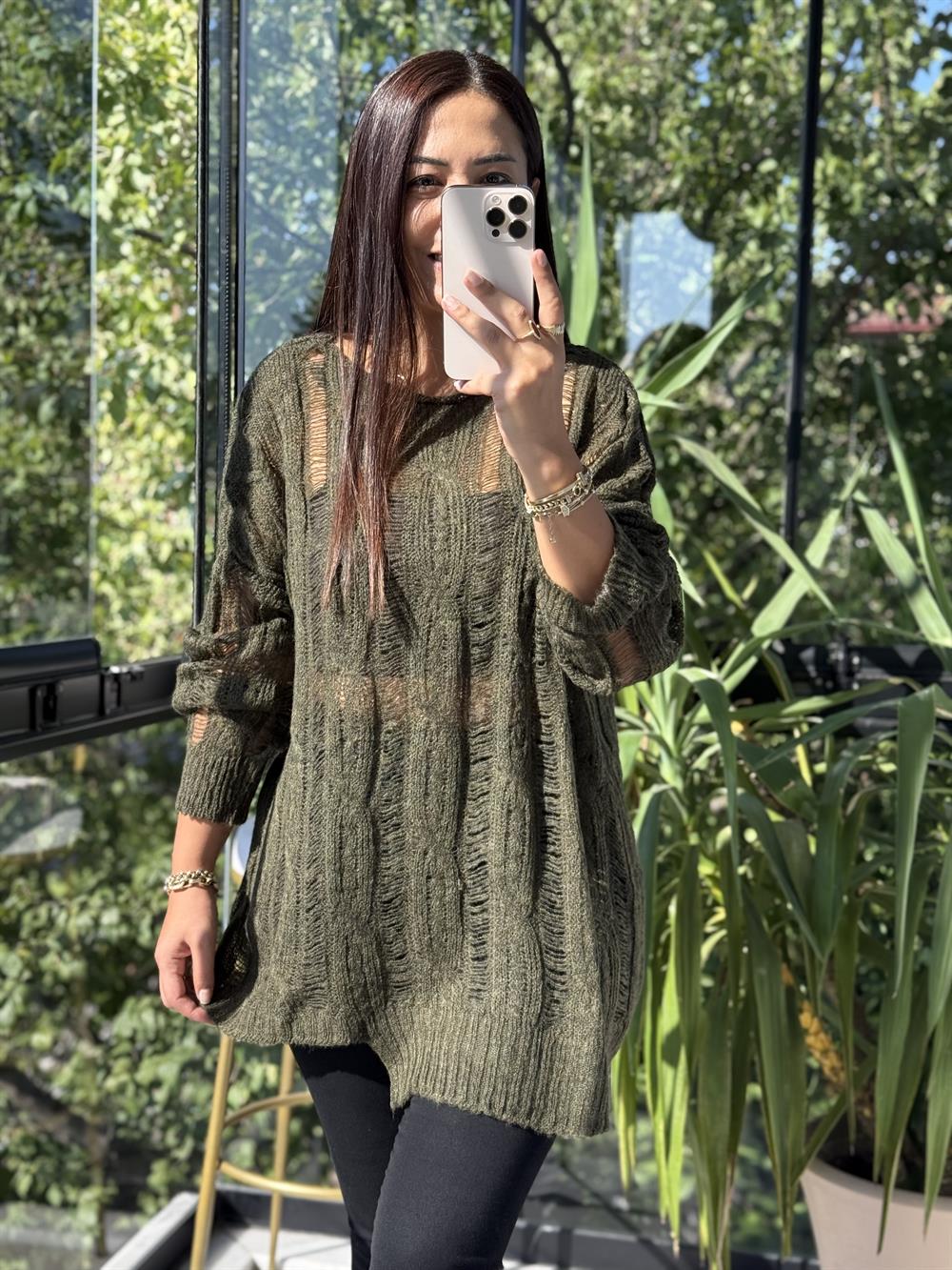 Saç Örgülü Ajurlu Kazak haki Yeşili