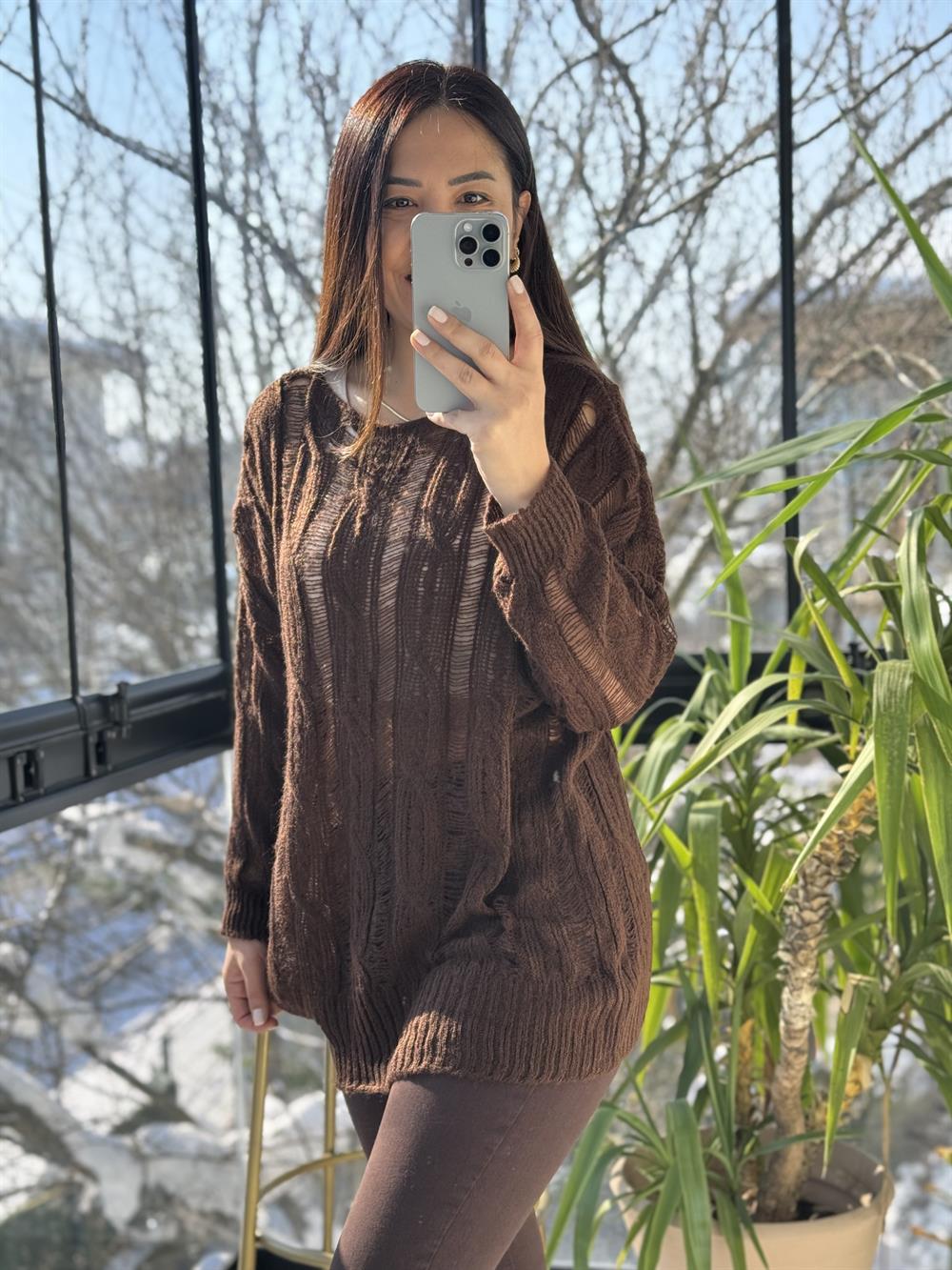 Saç Örgülü Ajurlu Kazak Kahve