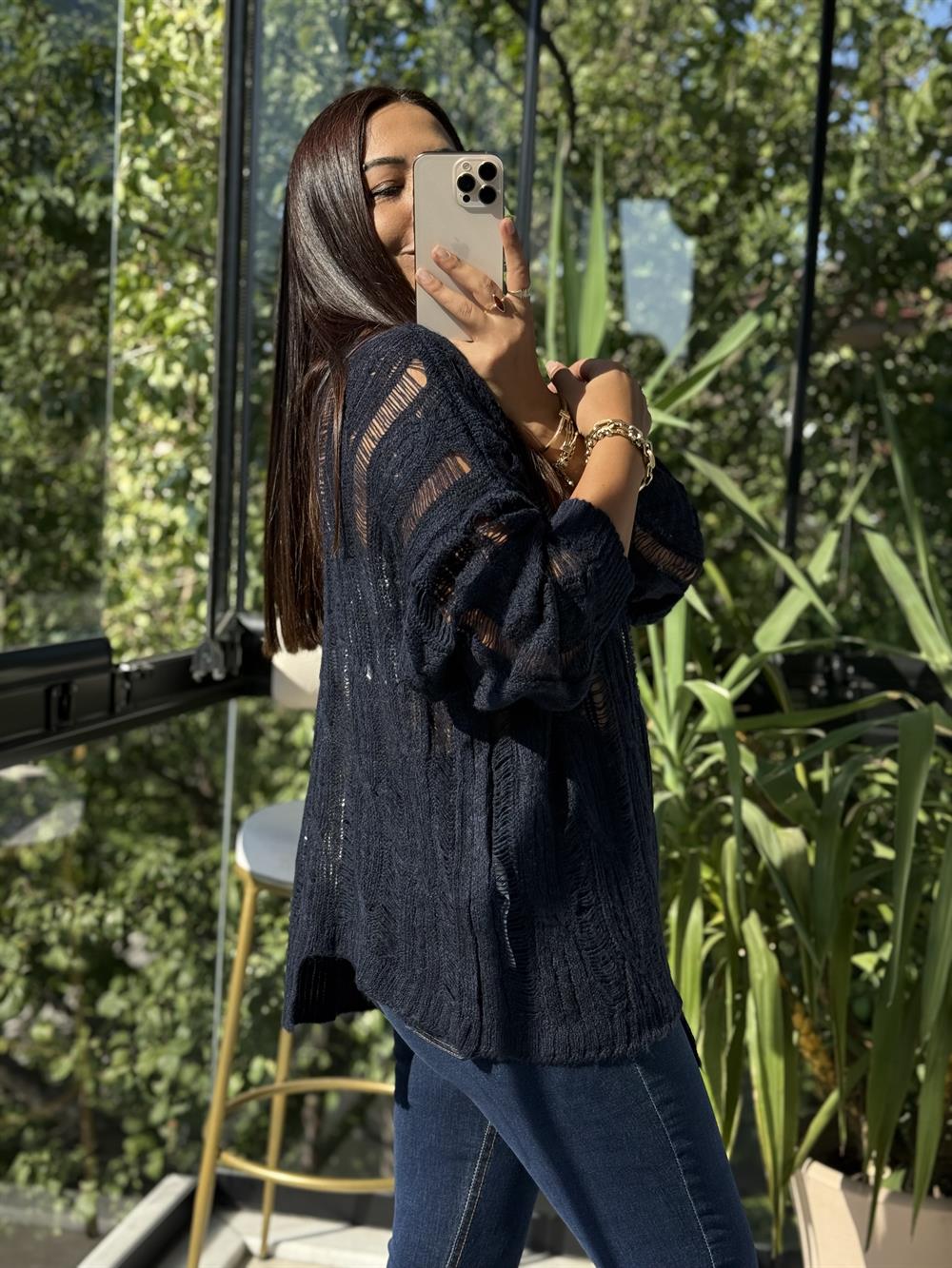 Saç Örgülü Ajurlu Kazak Lacivert