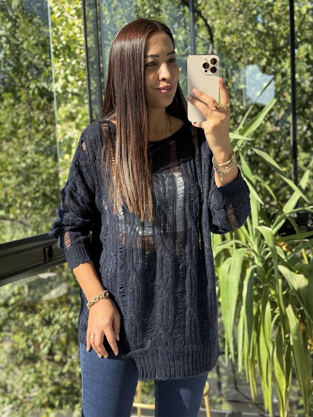 Saç Örgülü Ajurlu Kazak Lacivert