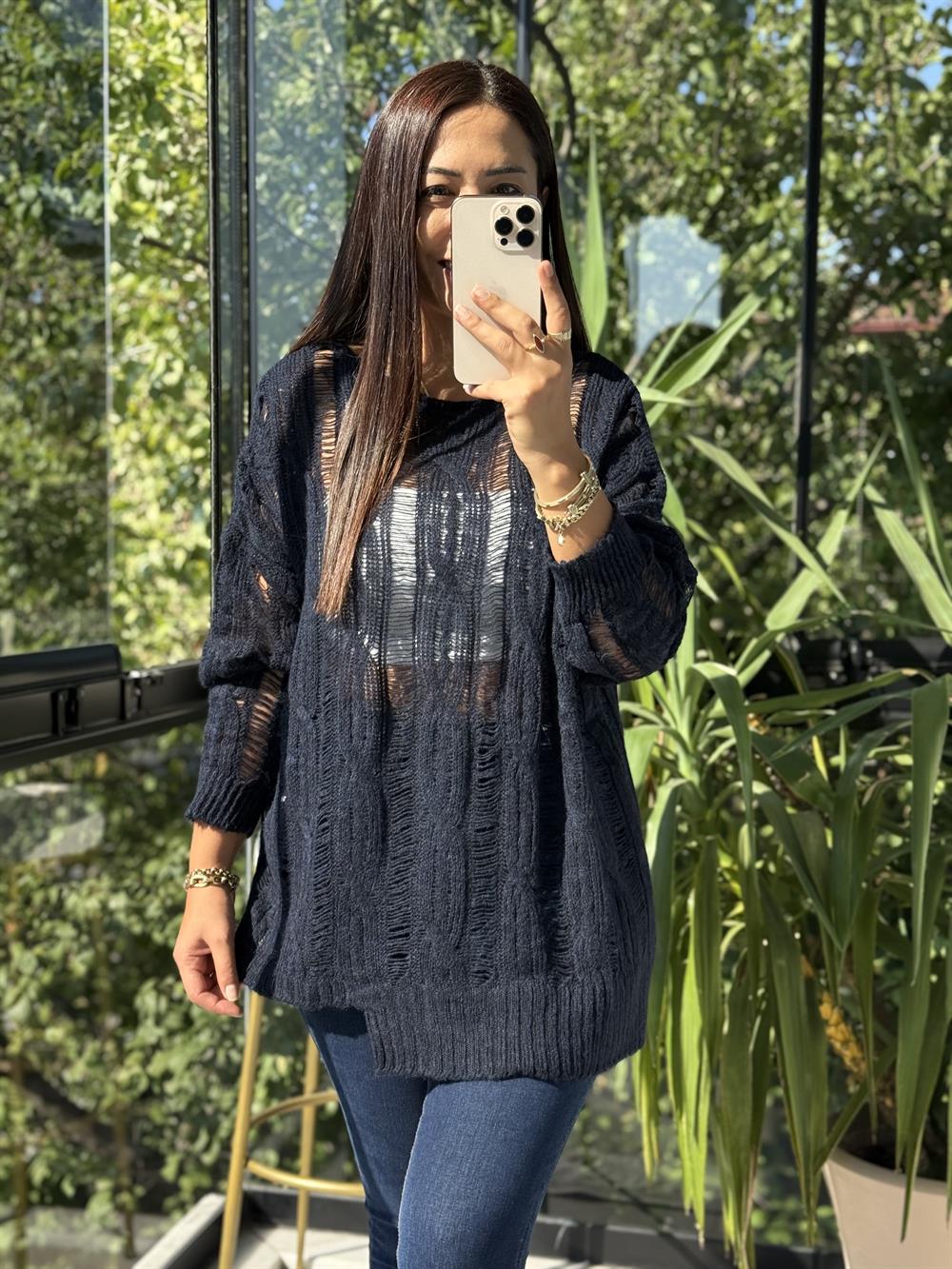 Saç Örgülü Ajurlu Kazak Lacivert