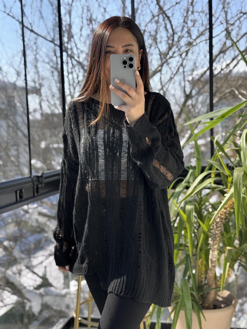 Saç Örgülü Ajurlu Kazak Siyah