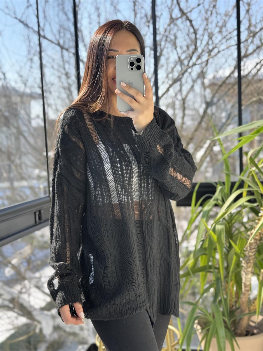 Saç Örgülü Ajurlu Kazak Siyah