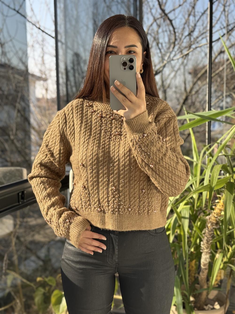 Saçlı İnci Çakma Kazak Camel