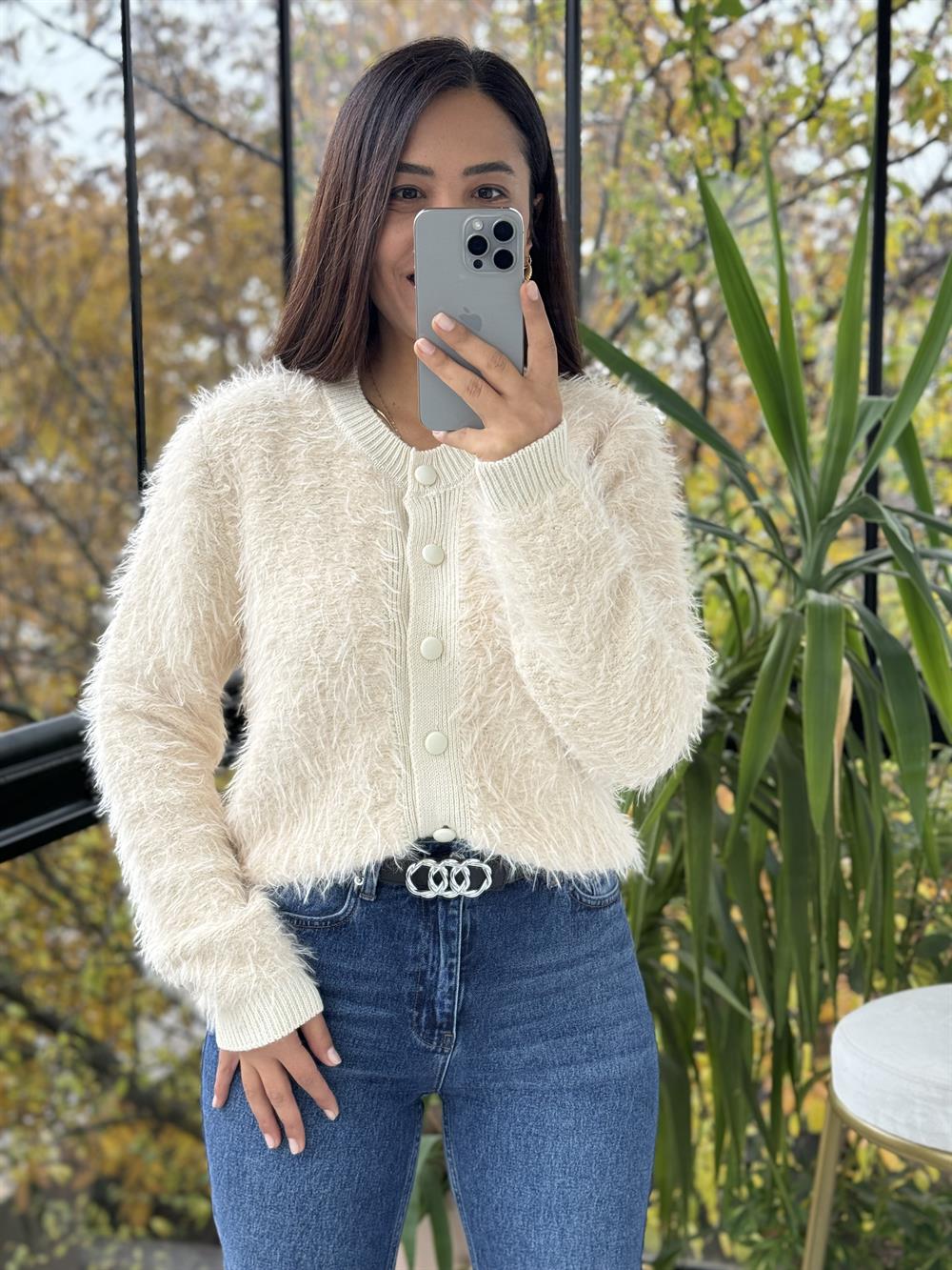 Sakal Bant Detaylı Hırka Bej