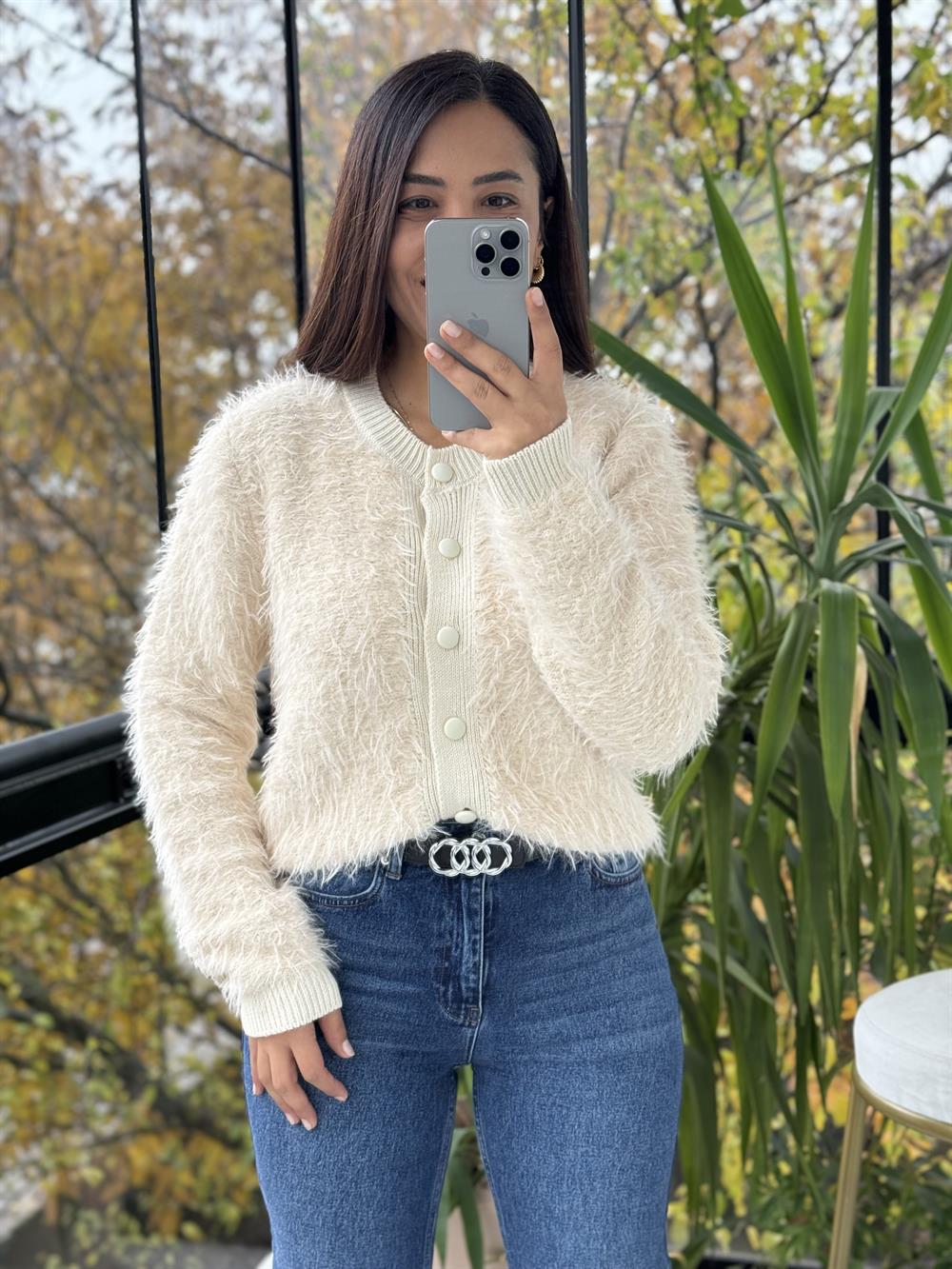 Sakal Bant Detaylı Hırka Bej