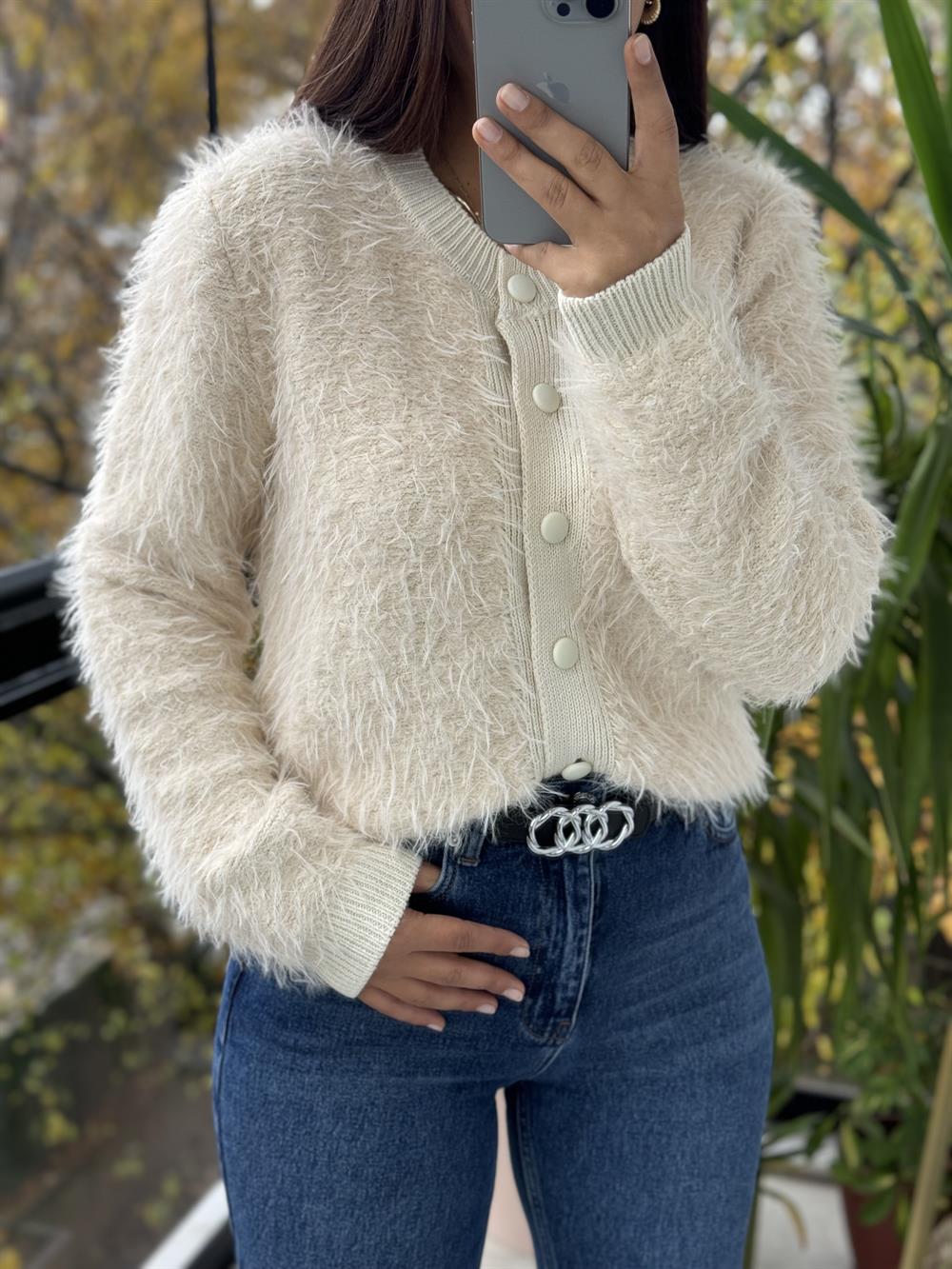 Sakal Bant Detaylı Hırka Bej