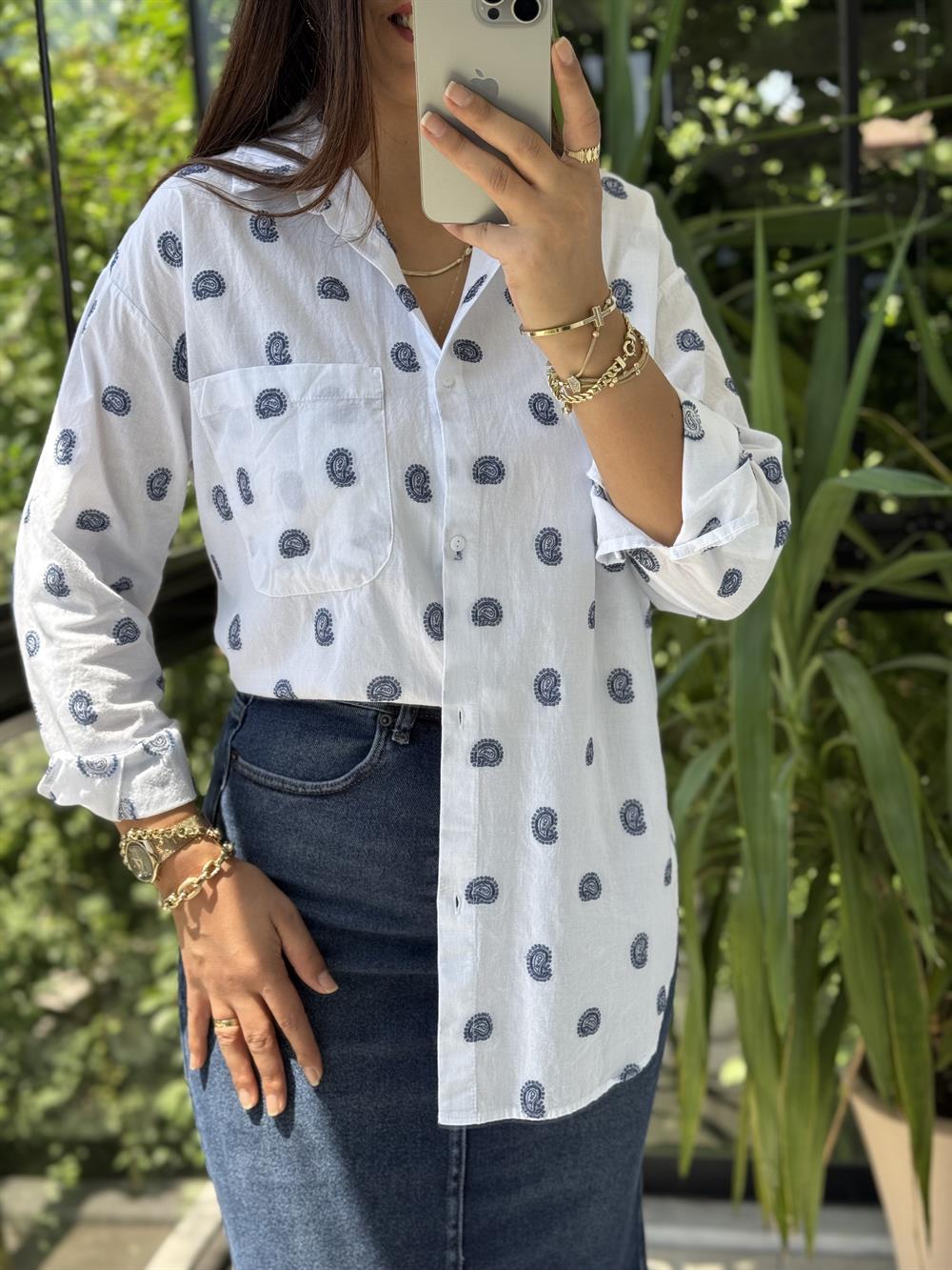 Şal Nakışlı Pamuklu Gömlek Beyaz