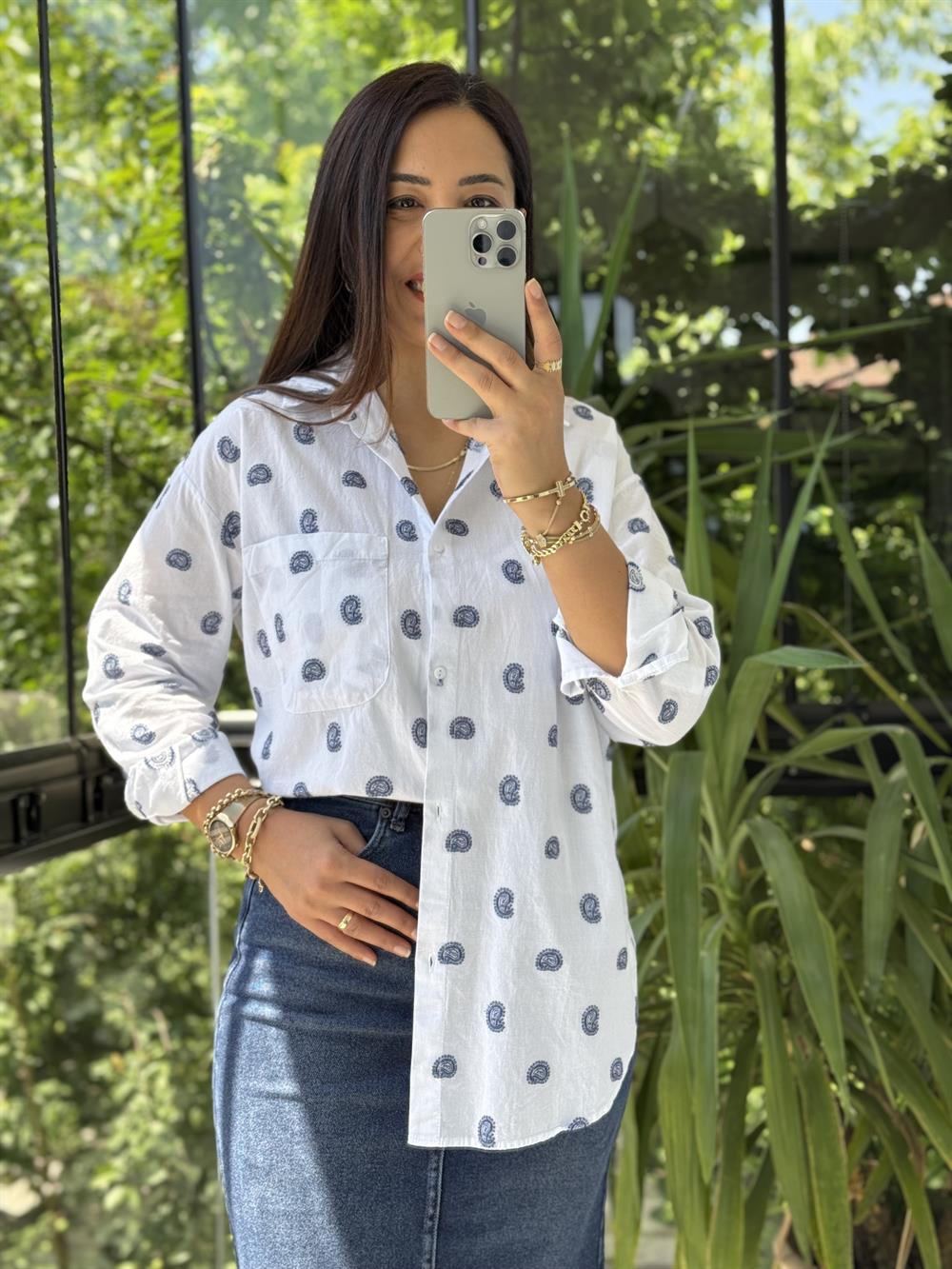 Şal Nakışlı Pamuklu Gömlek Beyaz