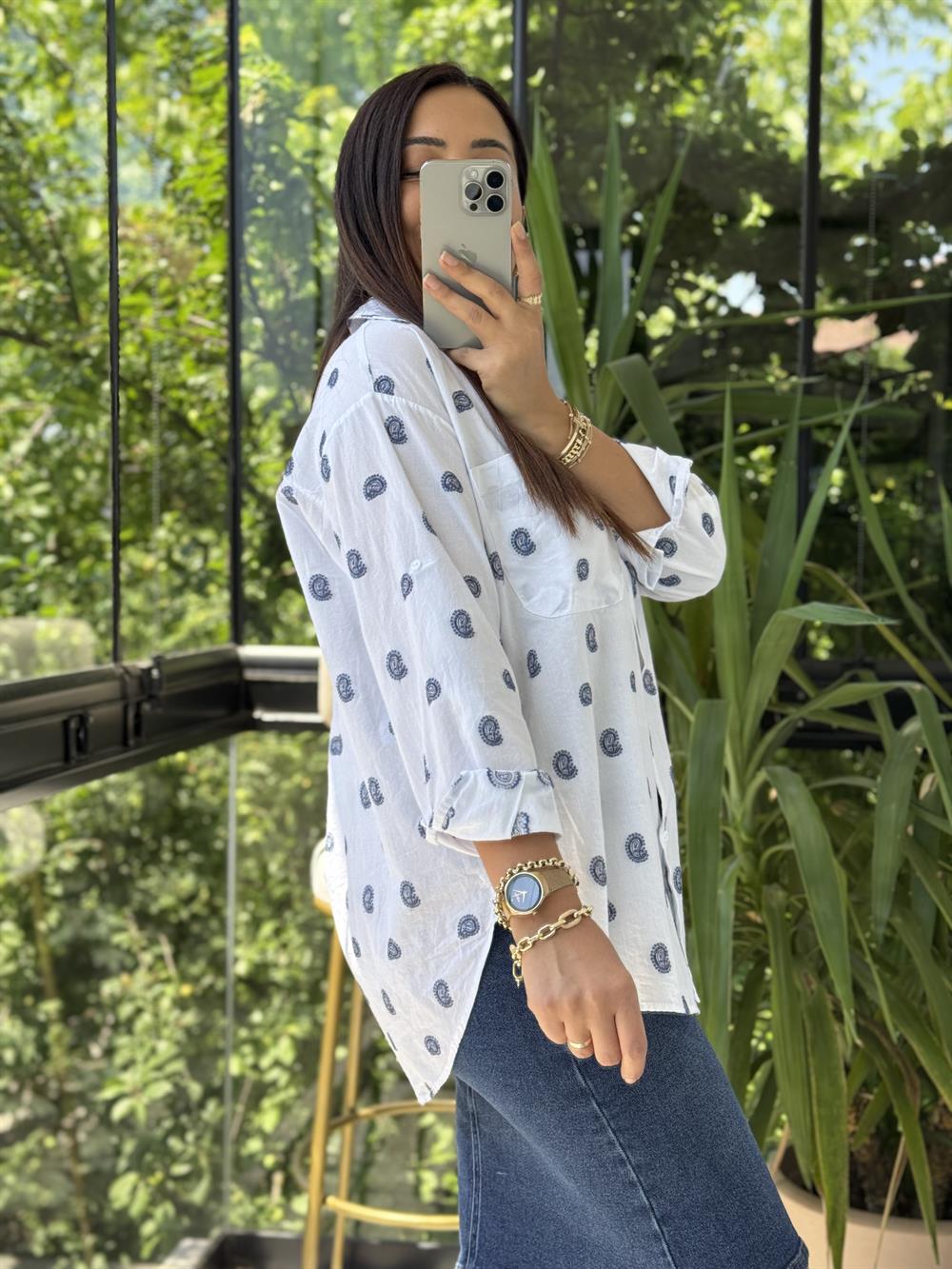 Şal Nakışlı Pamuklu Gömlek Beyaz