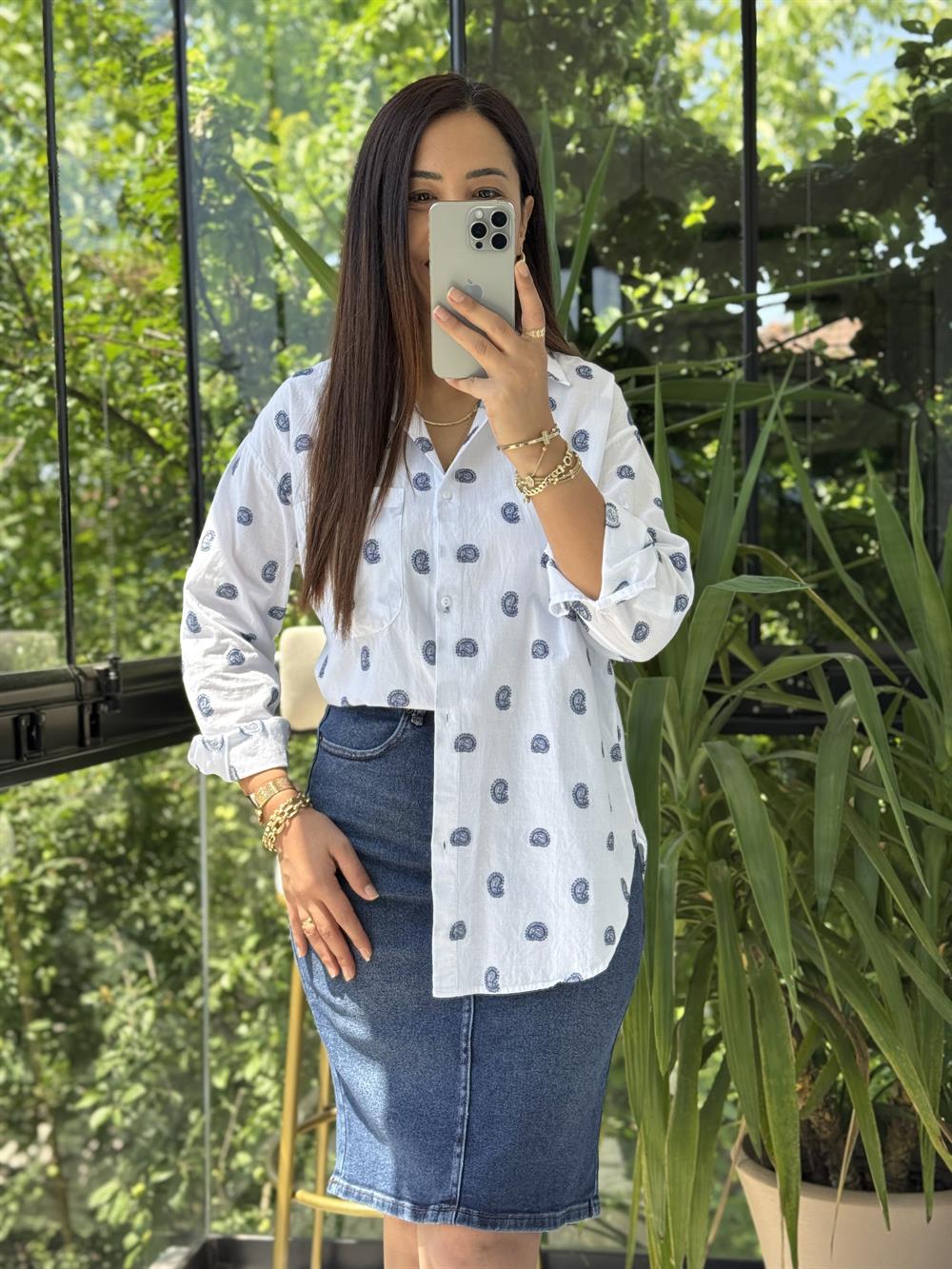 Şal Nakışlı Pamuklu Gömlek Beyaz