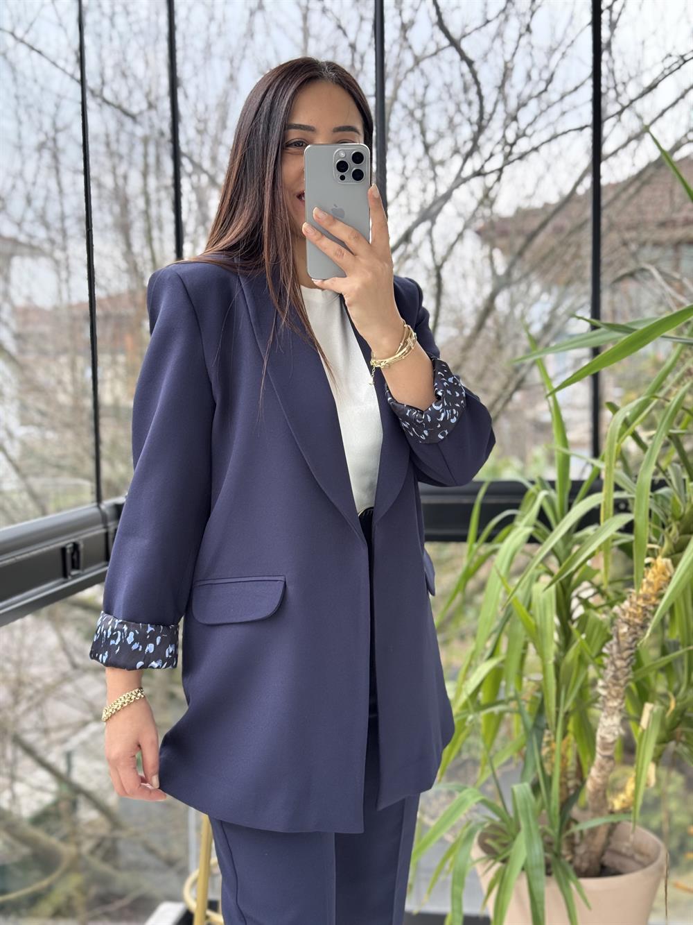 Şal Yaka İçi Leopar Blazer Ceket Lacivert