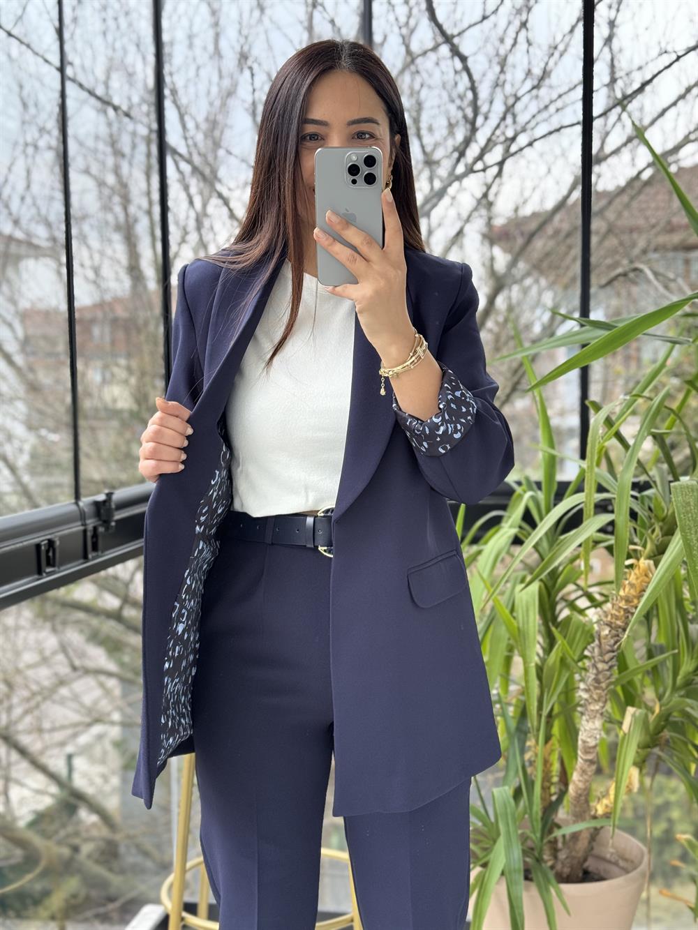 Şal Yaka İçi Leopar Blazer Ceket Lacivert