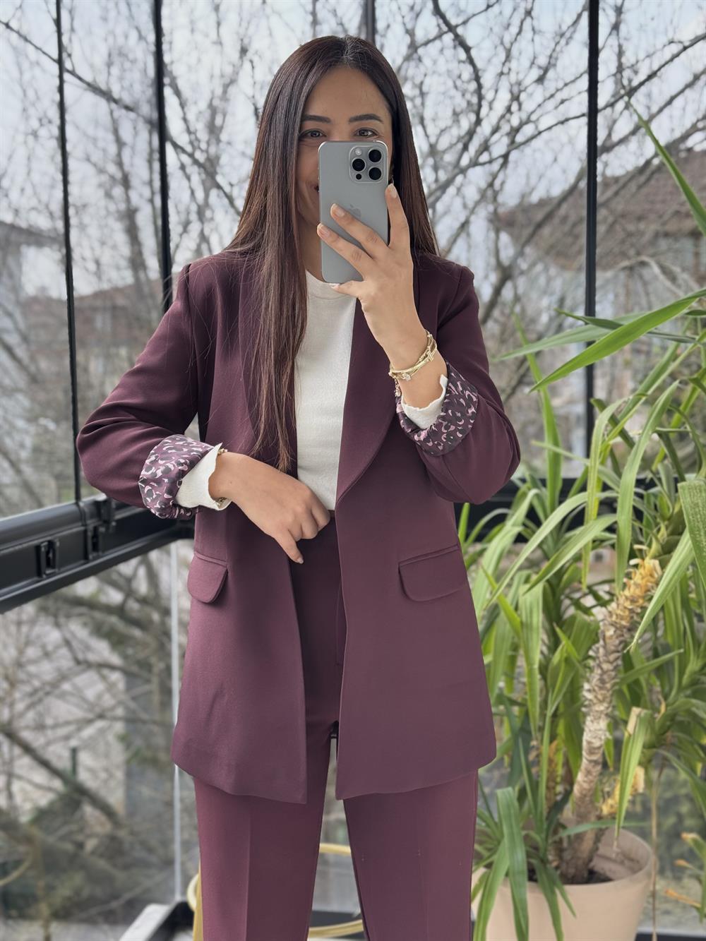 Şal Yaka İçi Leopar Blazer Ceket Mürdüm