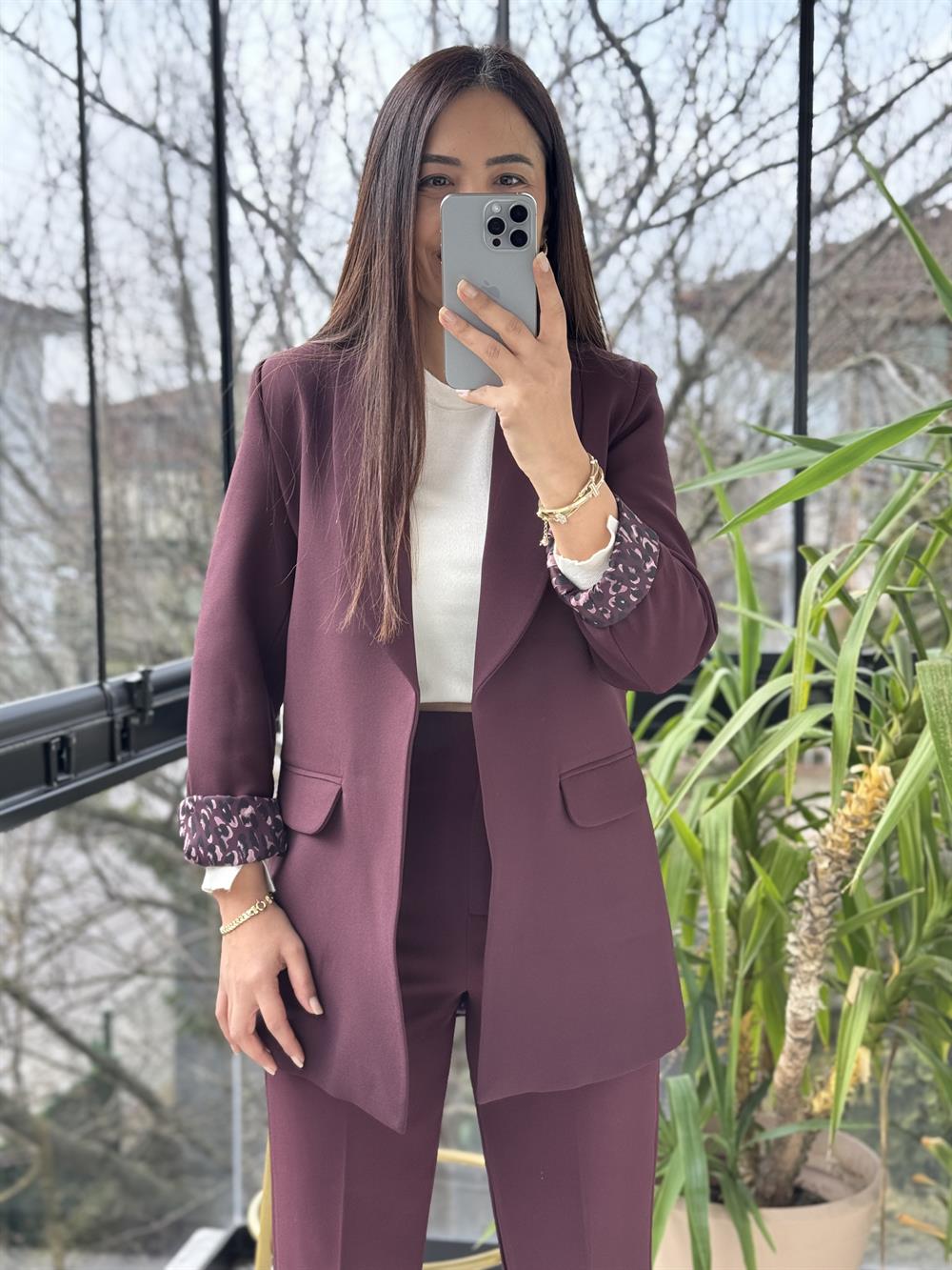 Şal Yaka İçi Leopar Blazer Ceket Mürdüm