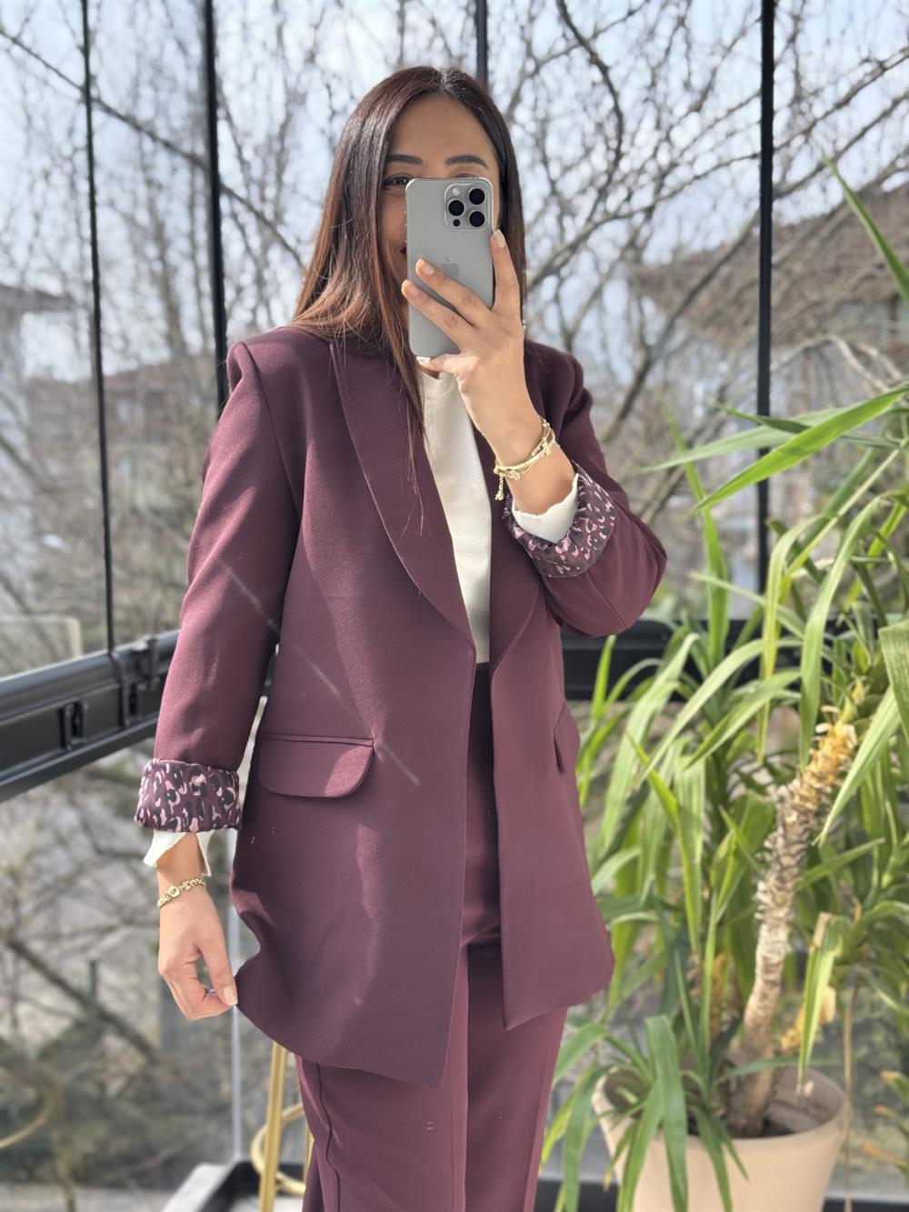 Şal Yaka İçi Leopar Blazer Ceket Mürdüm