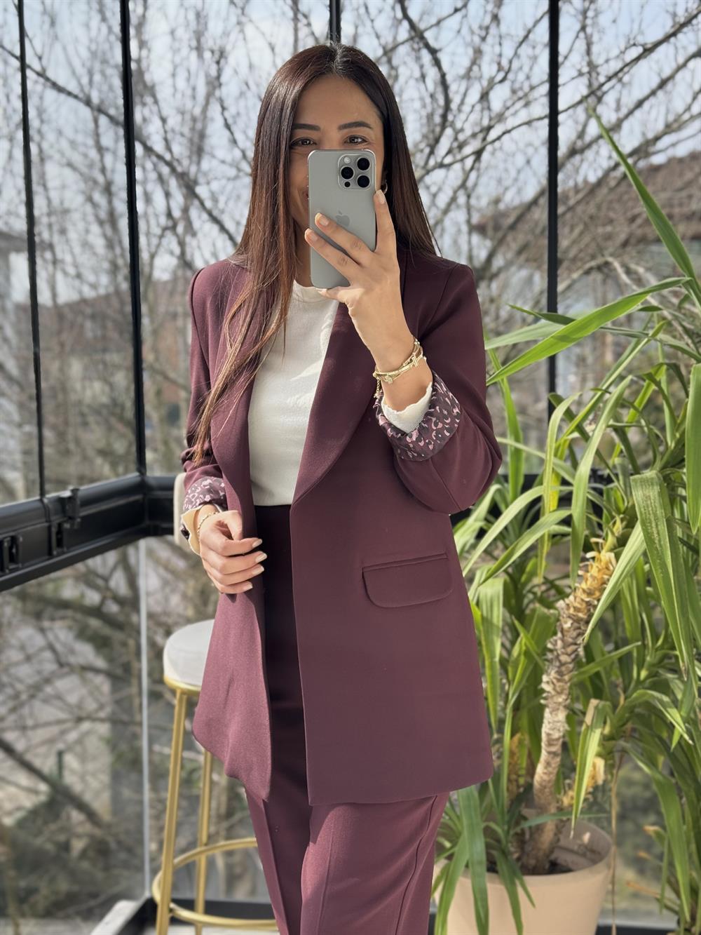 Şal Yaka İçi Leopar Blazer Ceket Mürdüm