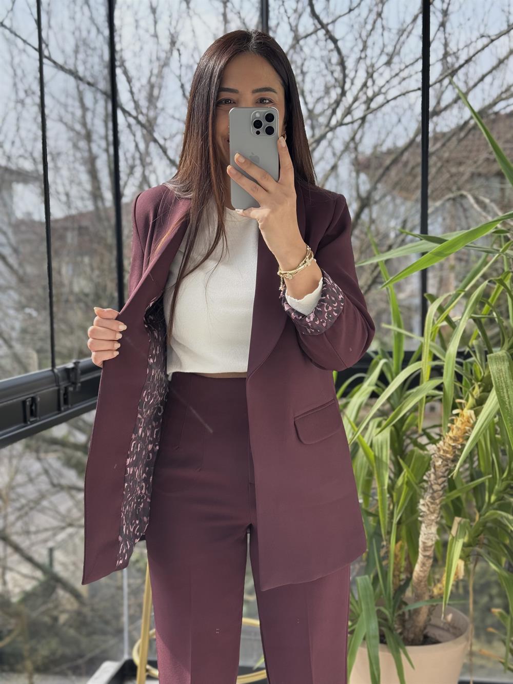 Şal Yaka İçi Leopar Blazer Ceket Mürdüm