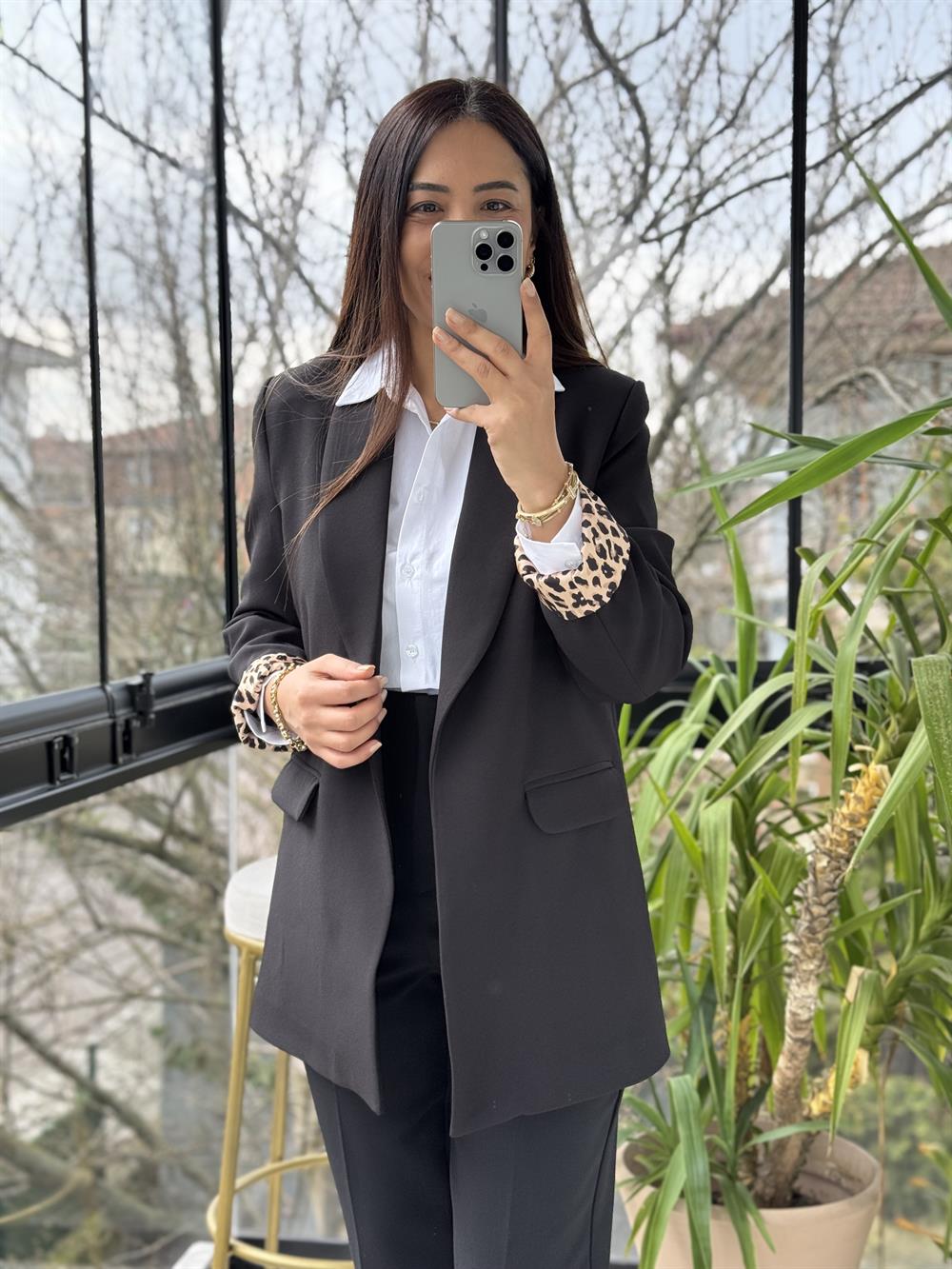 Şal Yaka İçi Leopar Blazer Ceket Siyah