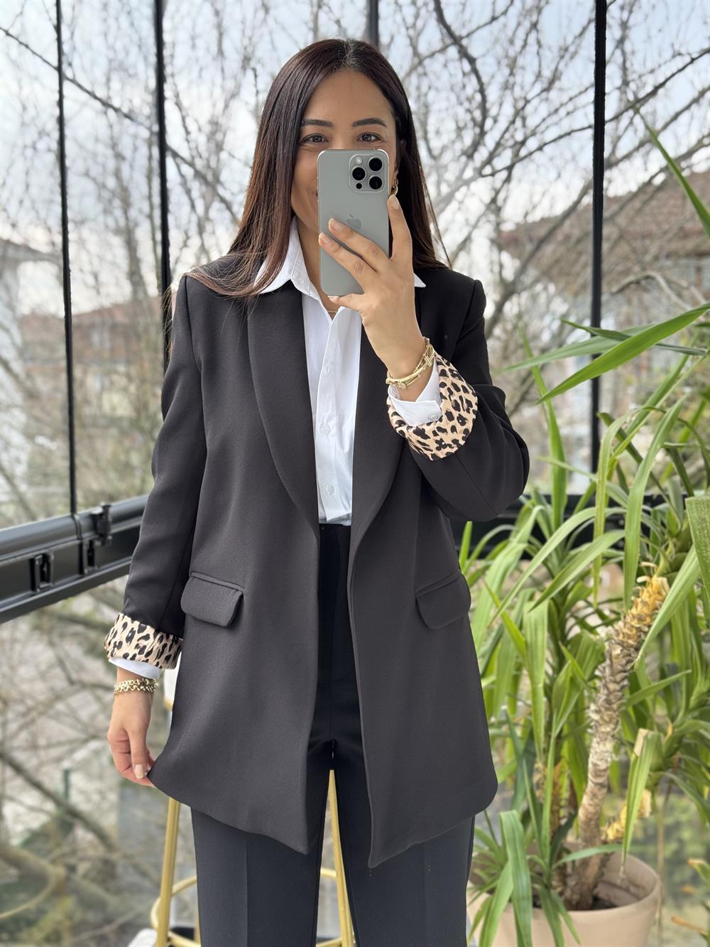 Şal Yaka İçi Leopar Blazer Ceket Siyah