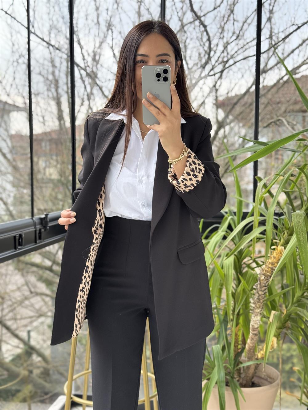 Şal Yaka İçi Leopar Blazer Ceket Siyah