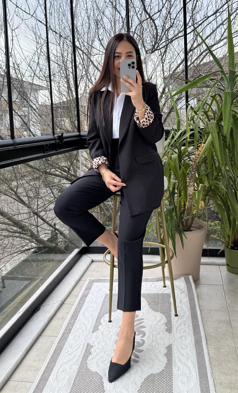 Şal Yaka İçi Leopar Blazer Ceket Siyah