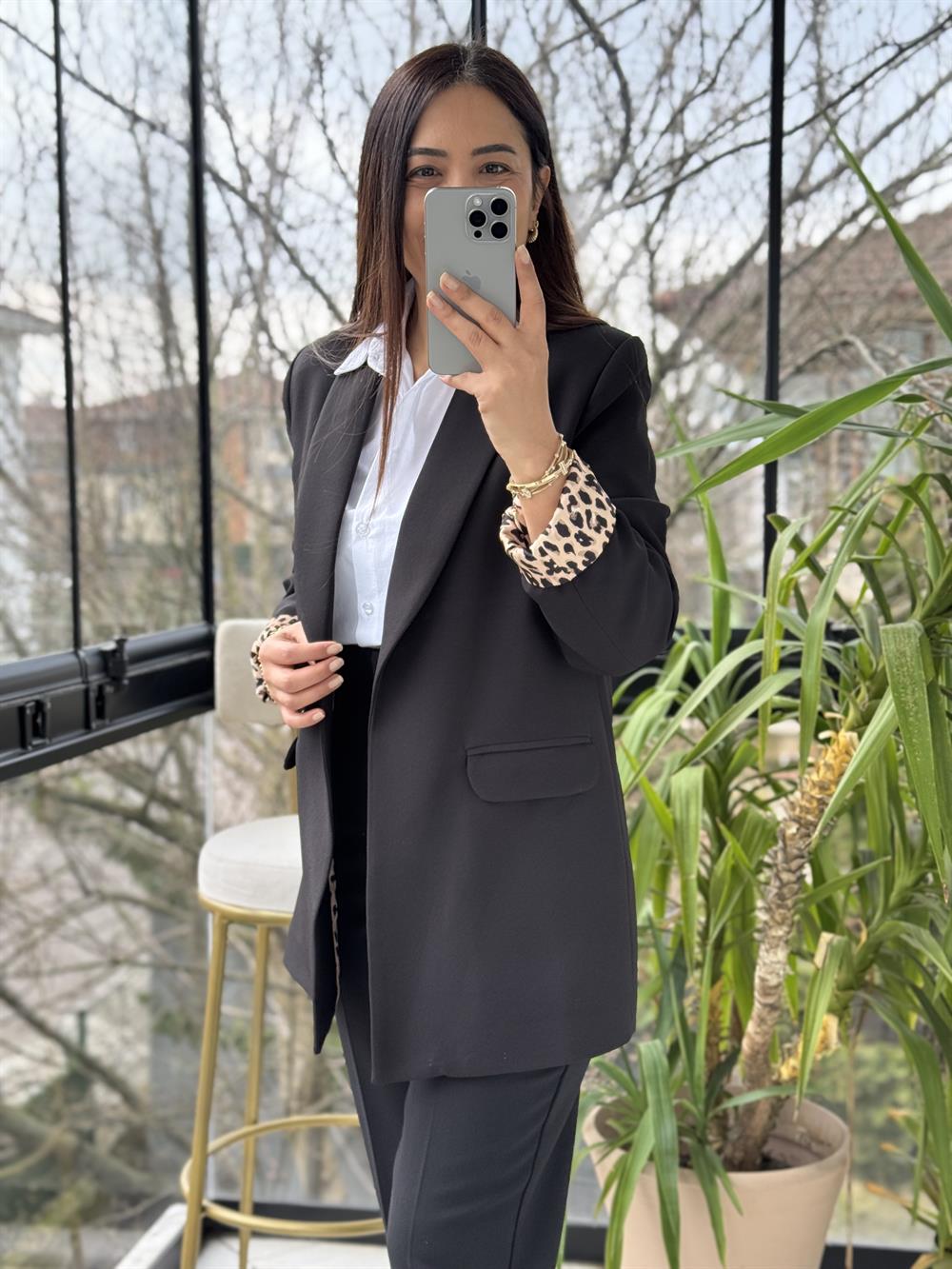 Şal Yaka İçi Leopar Blazer Ceket Siyah